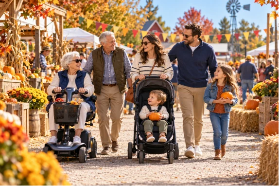 A multigenerational family enjoying an autumn festival with grandparents riding mobility scooters and parents pushing a toddler in a stroller past pumpkin displays.